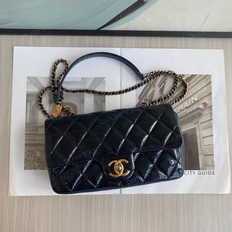 Chanel 深藍色漆皮拼皮 大mini斜挎鏈條包-0