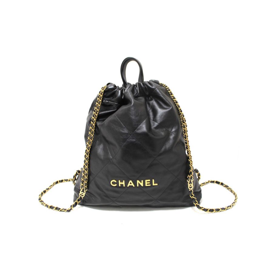 Chanel Black Chanel 22 Calfskin Leather Drawstring Chain Backpack-0