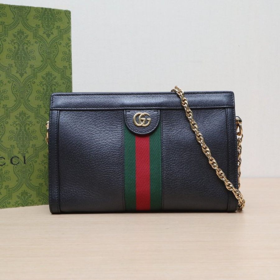 GUCCI OphidiaGG全皮鏈條包小號黑色牛皮金扣肩背包-0