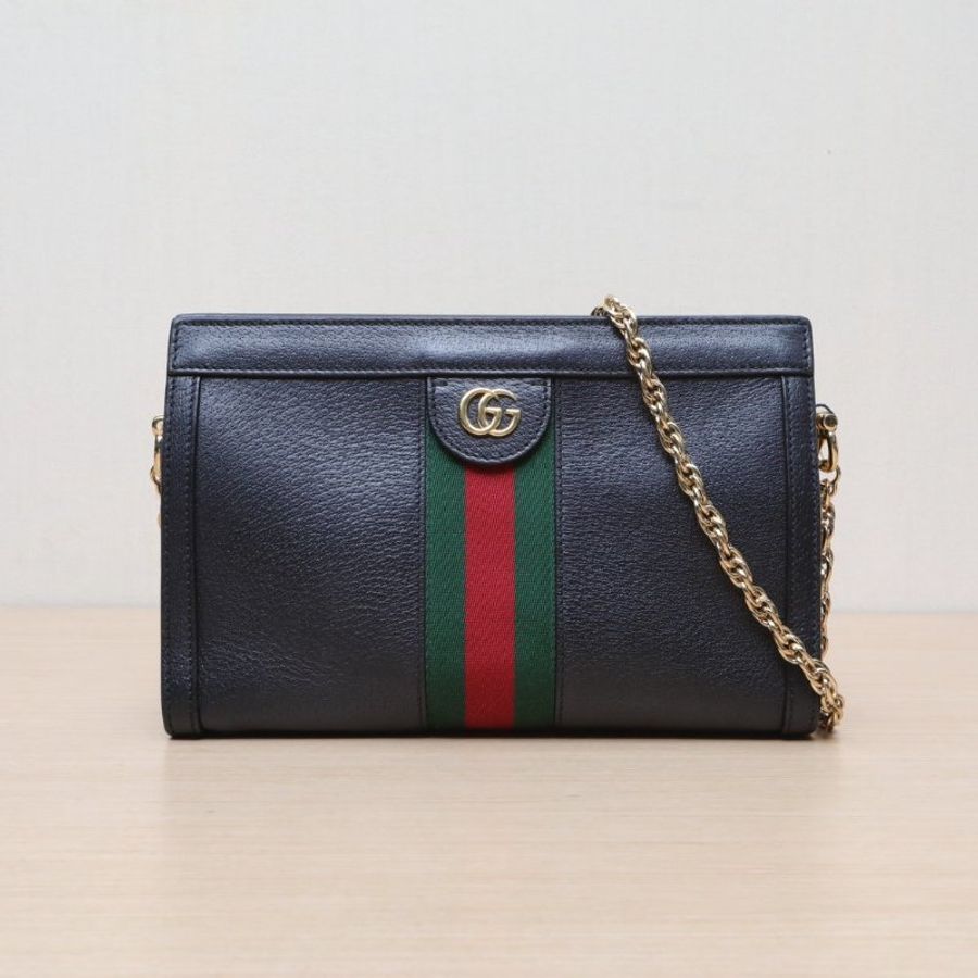 GUCCI OphidiaGG全皮鏈條包小號黑色牛皮金扣肩背包-1