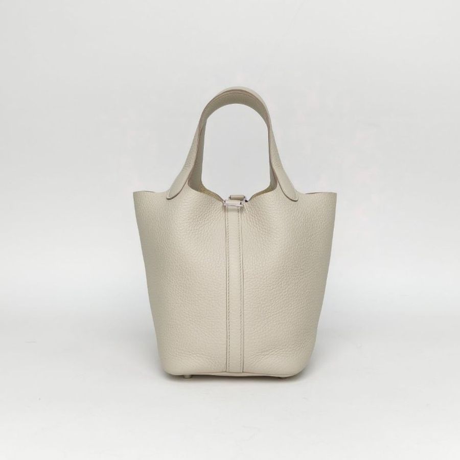 HERMES Picotin18菜籃子8L冰川白TC皮B刻銀扣肩背包-3