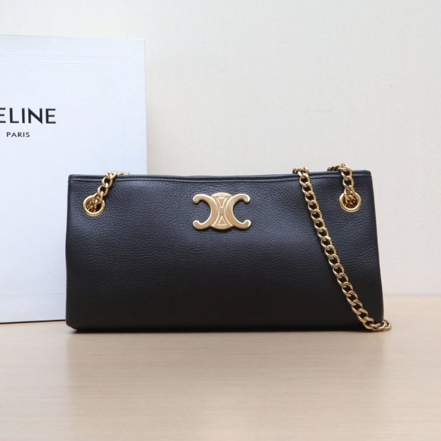 CELINE 黑色牛皮金扣CelineNewspaperbag凱旋門鏈條包肩背包-0