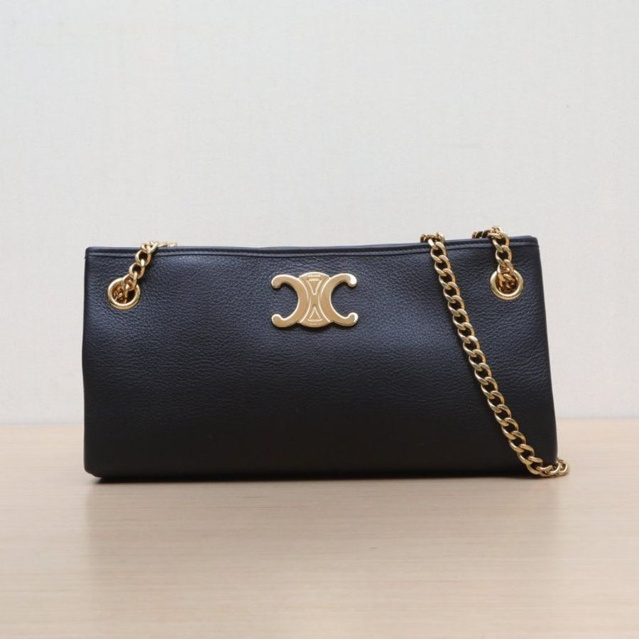 CELINE 黑色牛皮金扣CelineNewspaperbag凱旋門鏈條包肩背包-1