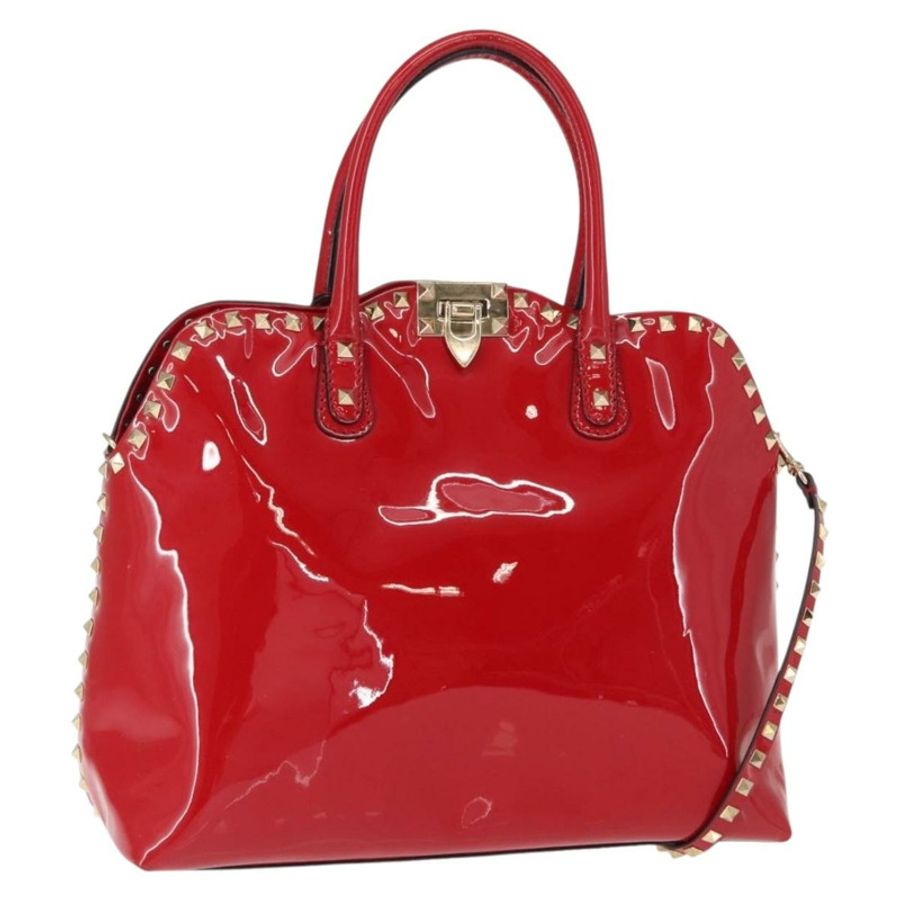 【日本直送】VALENTINO 鉚釘手提包 漆皮 兩用 紅色 金色 Auth bs30313-0