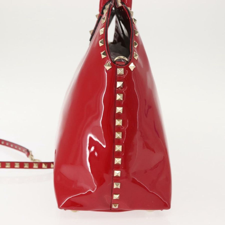 【日本直送】VALENTINO 鉚釘手提包 漆皮 兩用 紅色 金色 Auth bs30313-3
