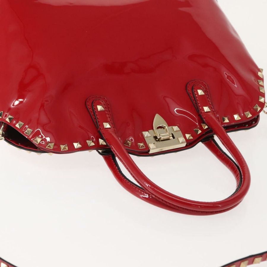 【日本直送】VALENTINO 鉚釘手提包 漆皮 兩用 紅色 金色 Auth bs30313-5