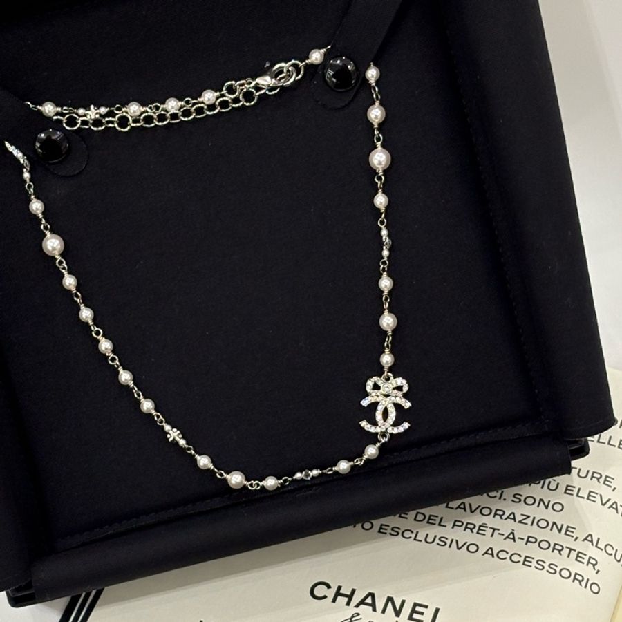 CHANEL 水鑽蝴蝶結雙C珍珠頸鏈  全新現貨-0