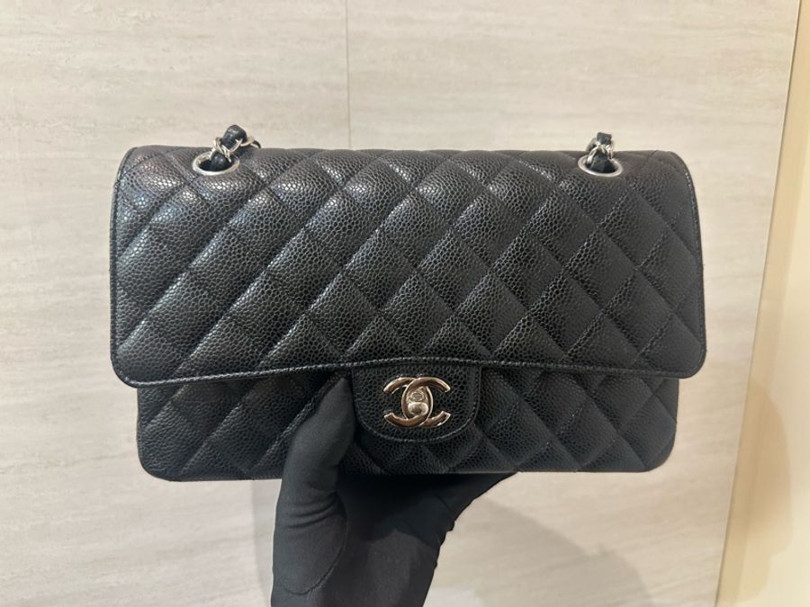 Chanel 黑荔枝皮菱格COCO25銀釦肩斜背包A01112-0