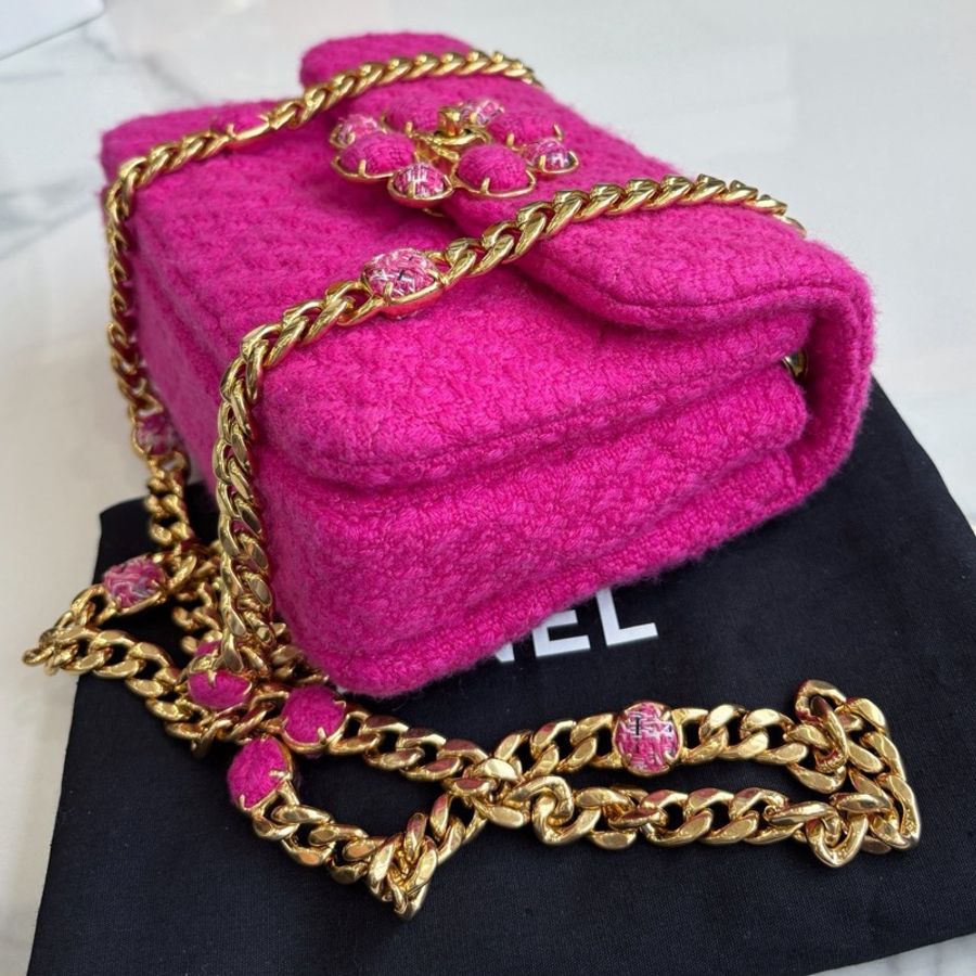 【近新閒置品】香奈兒Chanel 22K玫粉色粗花毛呢口蓋包 芯片款-4