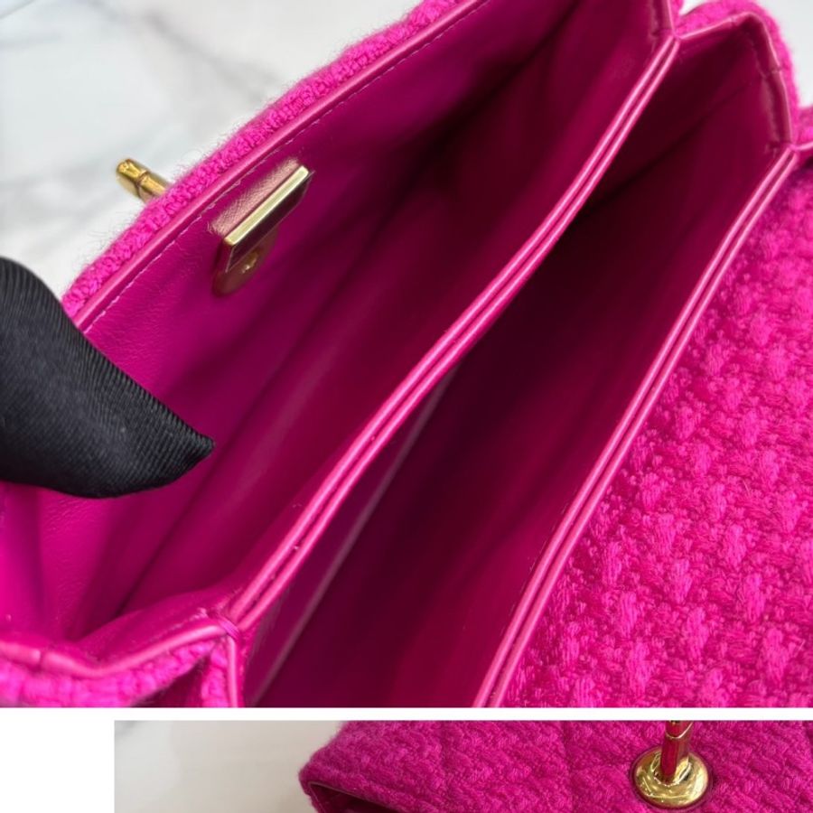 【近新閒置品】香奈兒Chanel 22K玫粉色粗花毛呢口蓋包 芯片款-9