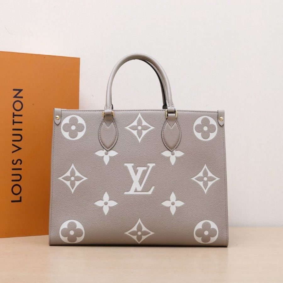 LOUIS VUITTON Onthego中號35大象灰牛皮晶片老花壓紋肩背包-0