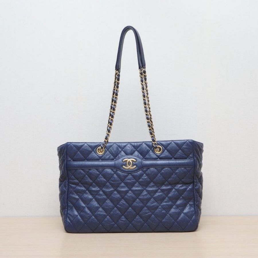 CHANEL 藍色荔枝牛皮21開金扣菱格紋鏈條tote托特包肩背包-1