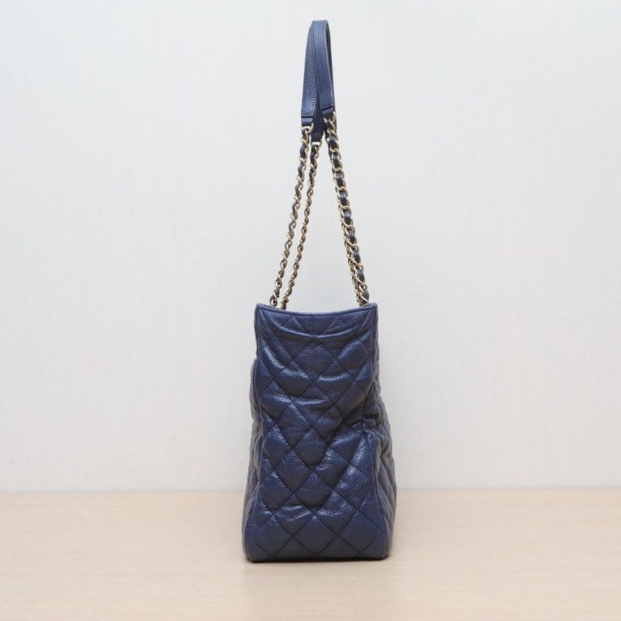 CHANEL 藍色荔枝牛皮21開金扣菱格紋鏈條tote托特包肩背包-4
