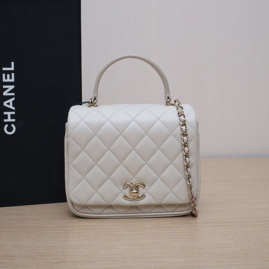 CHANEL 米色羊皮25開金扣手柄款風琴鏈條包肩背包-0