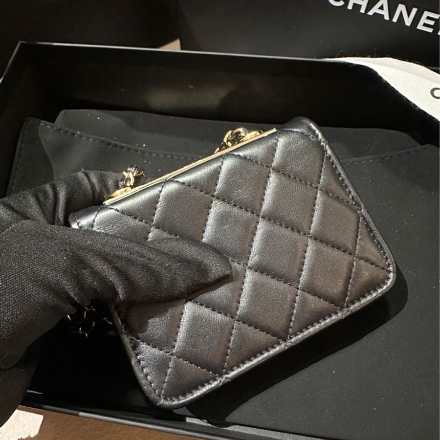 🌷閒置新帶膜!Chanel 香奈兒 trendy cc 橫版 黑金 羊皮 保卡款-4