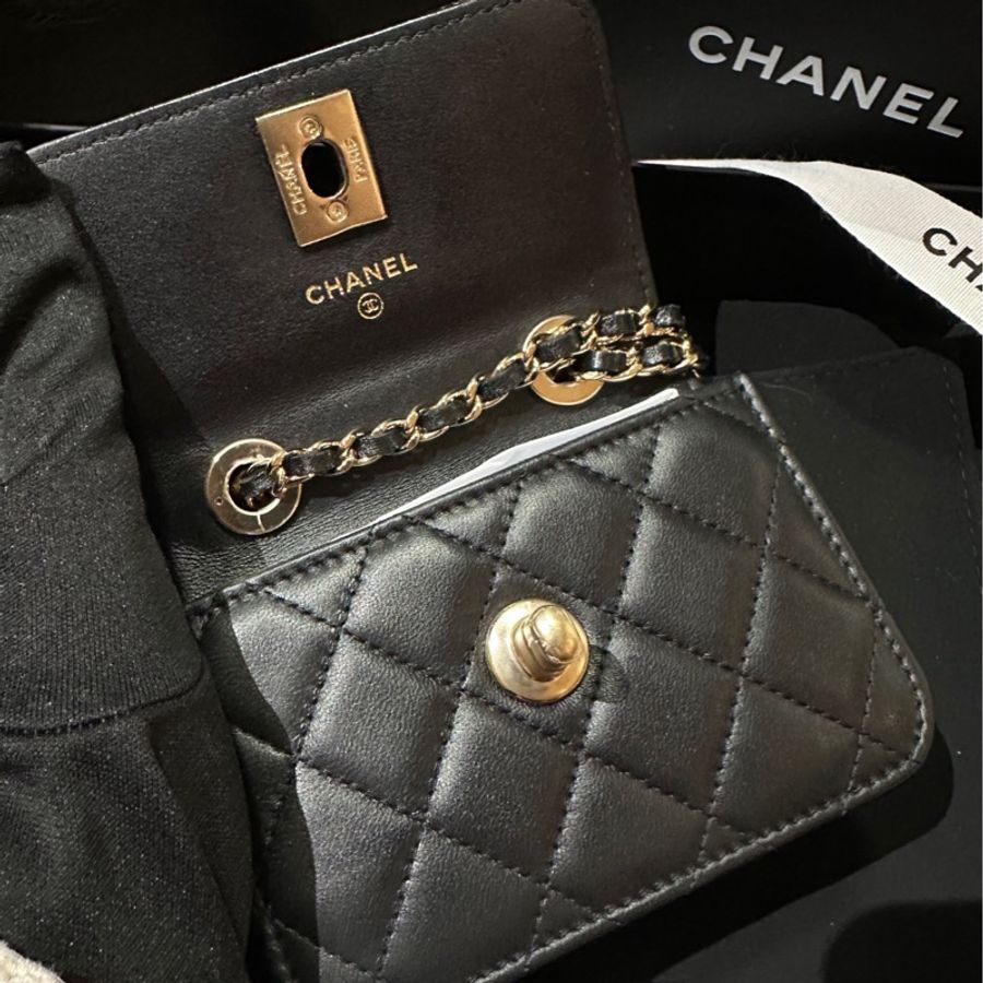 🌷閒置新帶膜!Chanel 香奈兒 trendy cc 橫版 黑金 羊皮 保卡款-5