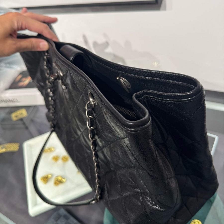 CHANEL黑荔枝紋仿舊釦雙鏈托特包🩶🖤經典稀有貨-13
