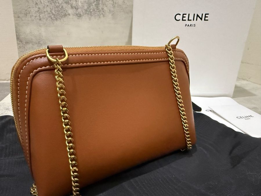 Celine 棕色 光滑牛皮革貝殼包 鏈條包 16cm-3