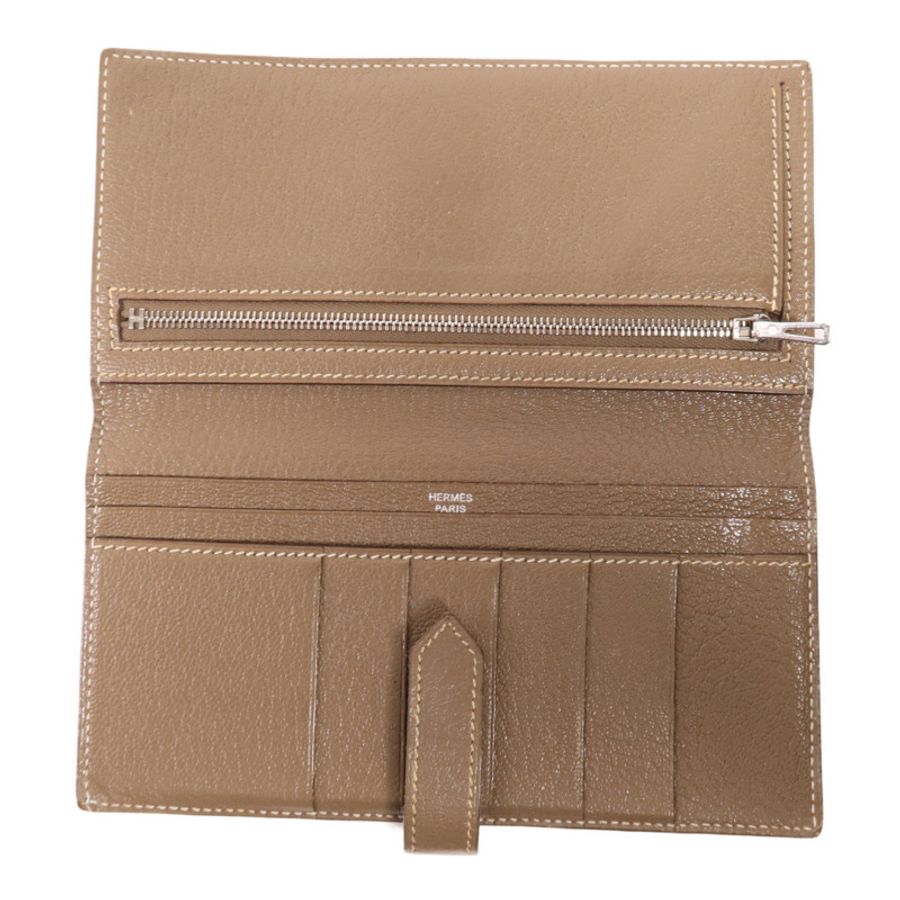 HERMES Chevre皮革Bearn Wallet金扣長錢包Etoupe-4