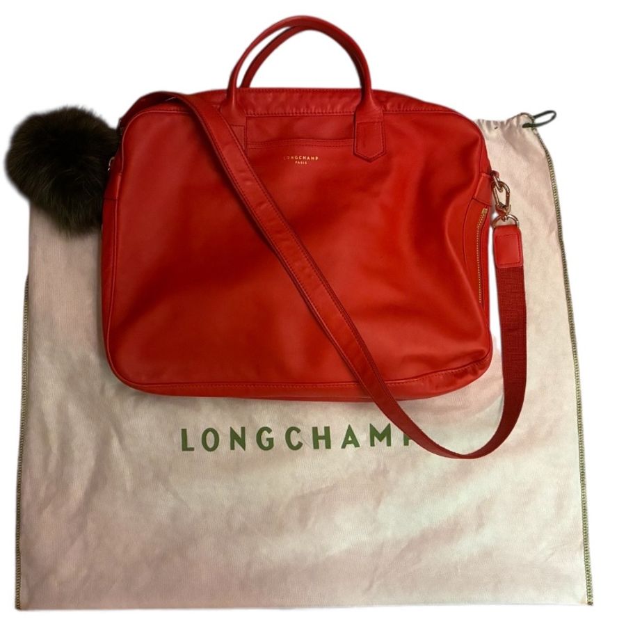 🛍️【Longchamp 橘紅真皮公事包/電腦包】型號1212888313 | 經典停產款 | 法國牛皮 | 底部擴充 | 贈毛球 | 附購證-0