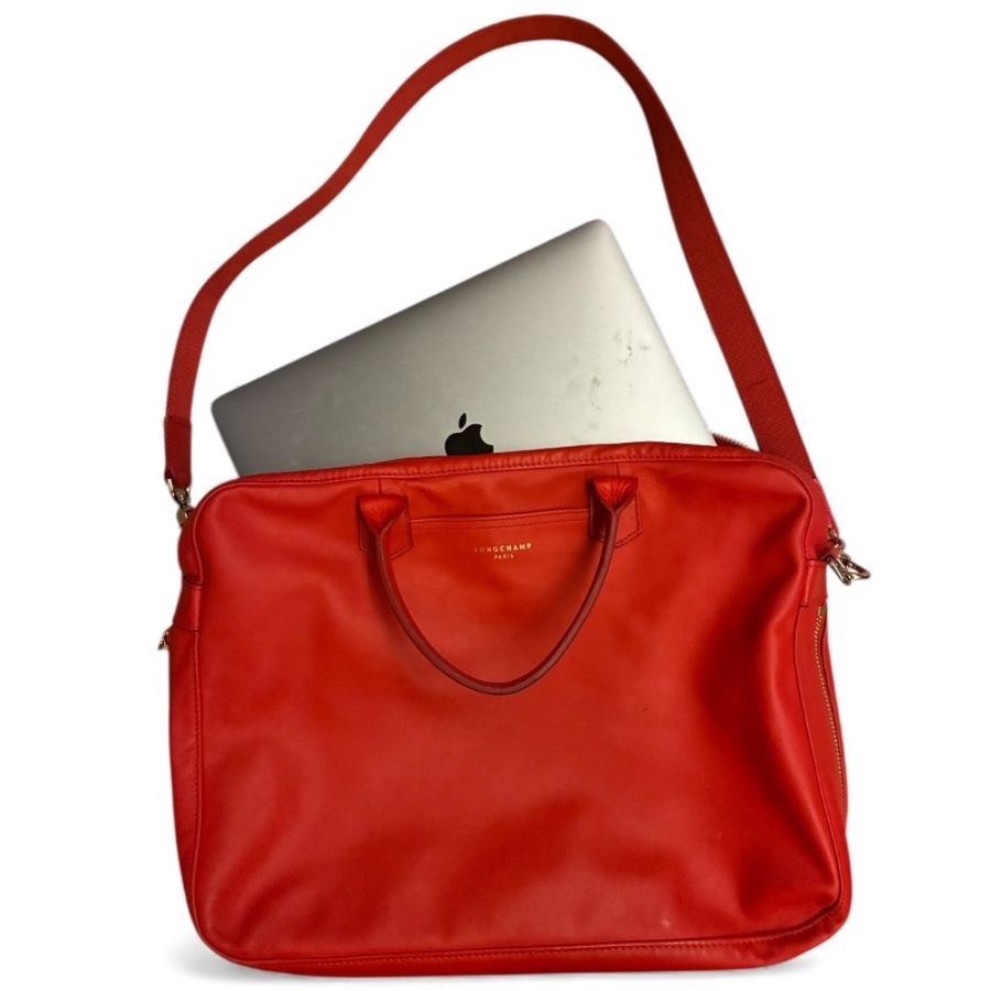 🛍️【Longchamp 橘紅真皮公事包/電腦包】型號1212888313 | 經典停產款 | 法國牛皮 | 底部擴充 | 贈毛球 | 附購證-6