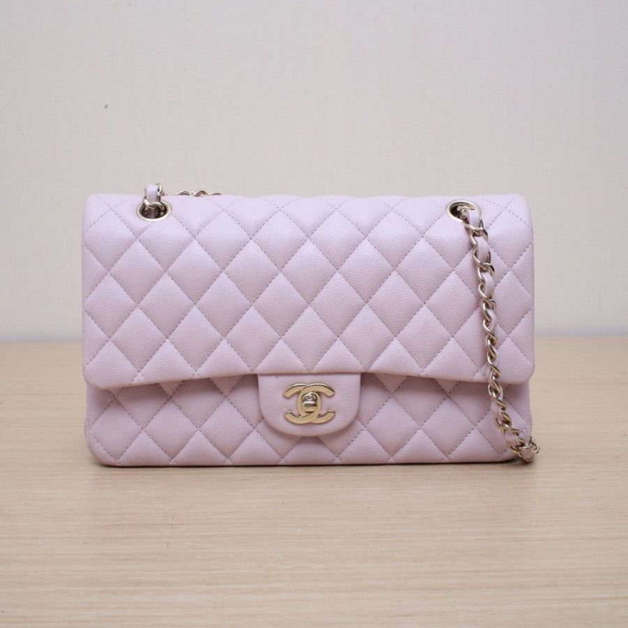 CHANEL CF口蓋包中號25.5粉色荔枝牛皮31開金扣肩背包-1
