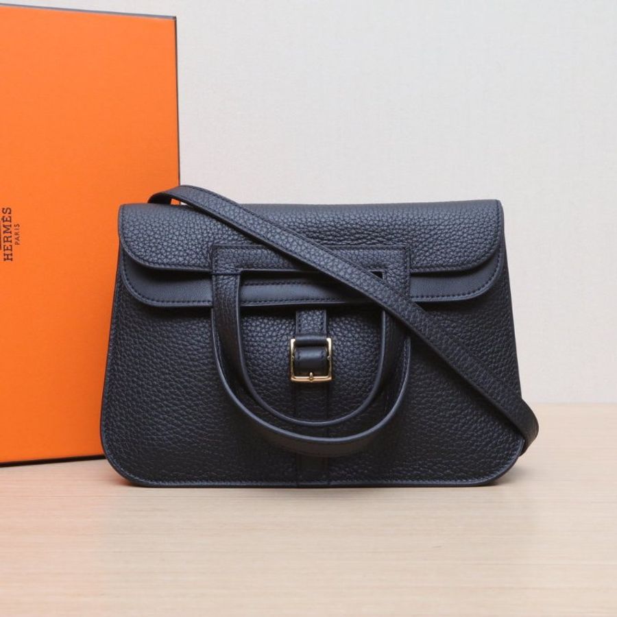HERMES Halzan25雙提手單肩包89黑色TC皮W刻金扣肩背包-0