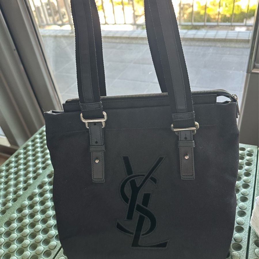 YSL SAINT LAURENT 帆布手提肩背包 黑銀-6