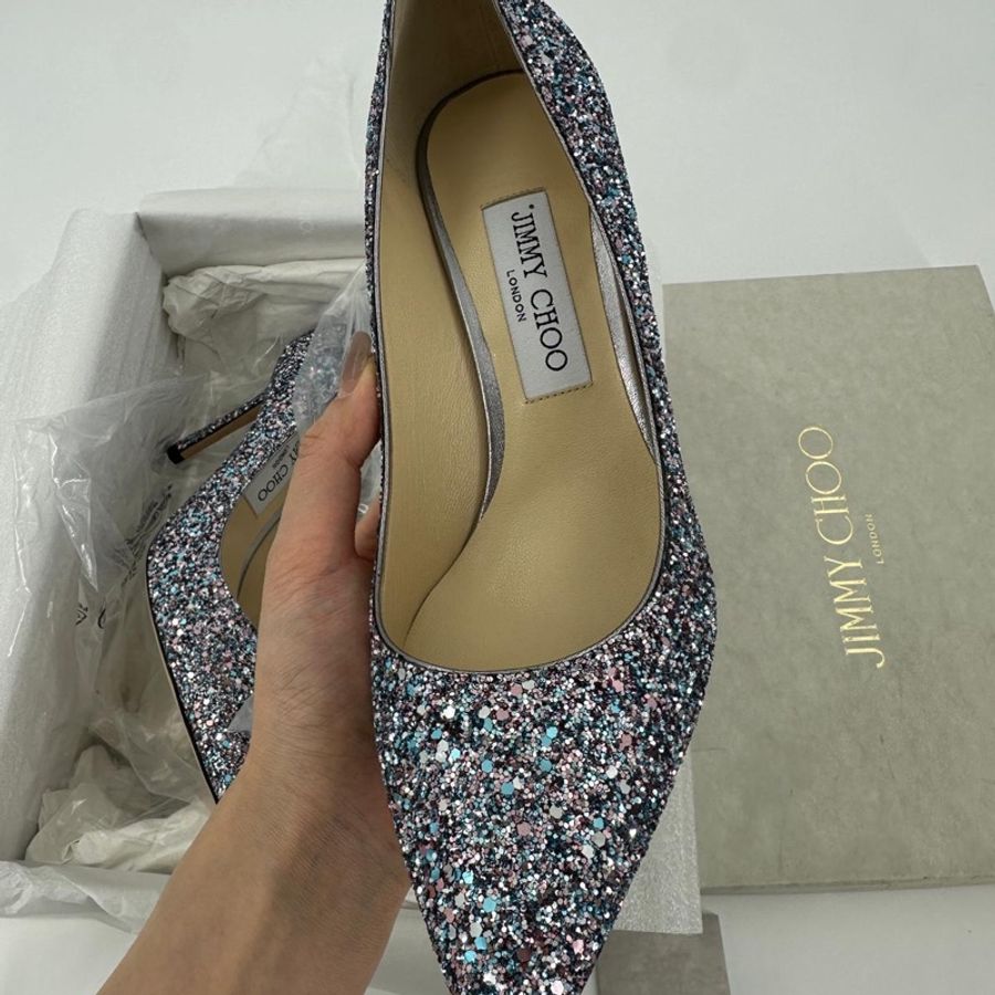 Jimmy Choo Romy Light Blue Multicolour Glitter Pumps Size 38.5-16