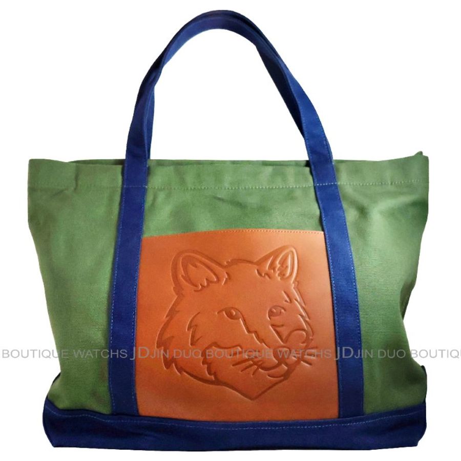 金鐸精品~2547 MAISON KITSUNE 軍綠色帆布拼接小狐狸頭皮革紋手提肩背包 托特包-0