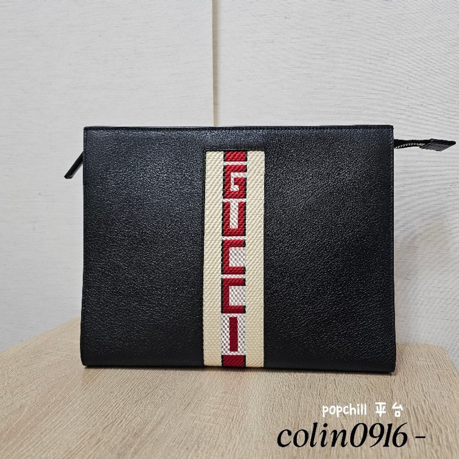 [ 回饋福利出清❣️] Gucci黑牛皮帆布織帶刺繡拉鏈手拿包-0