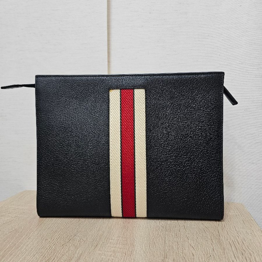 [ 回饋福利出清❣️] Gucci黑牛皮帆布織帶刺繡拉鏈手拿包-1