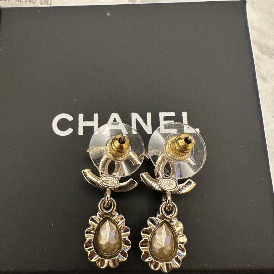香奈兒Chanel 22k水鑽復古垂吊淡金色耳環-7