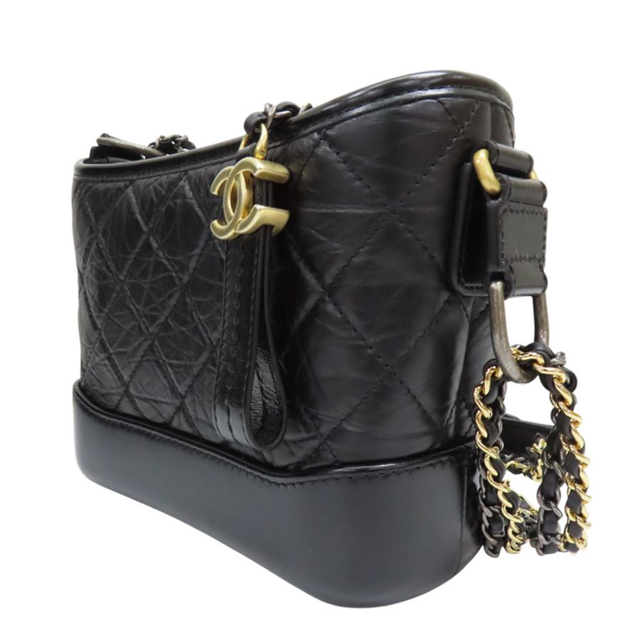 黑色菱格紋皮革 Gabrielle Hobo 流浪包鏈帶肩背【CHANEL 香奈兒】 A91810-2