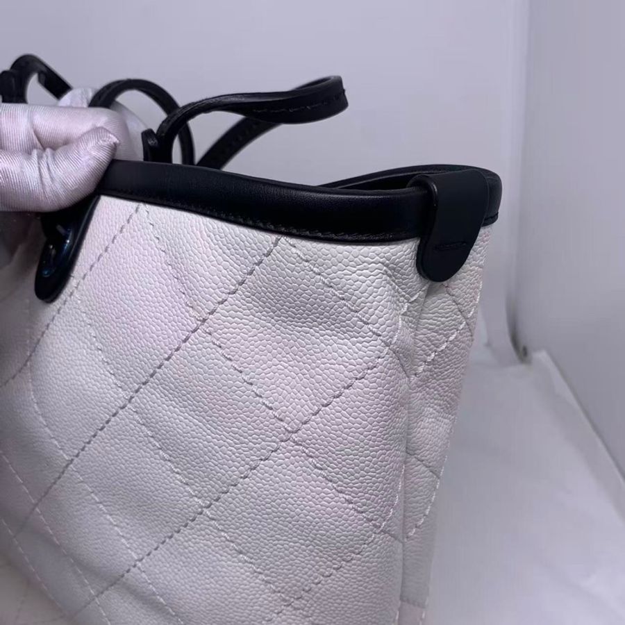 二手Chanel香奈兒牛皮菱格紋tote包白色荔枝皮單肩包-19