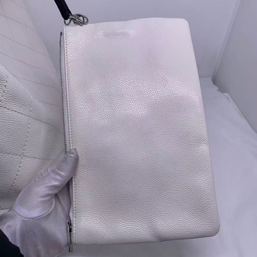 二手Chanel香奈兒牛皮菱格紋tote包白色荔枝皮單肩包-24