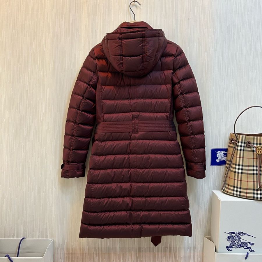 BURBERRY英國酒紅色鵝絨皮草連帽長大衣S-3
