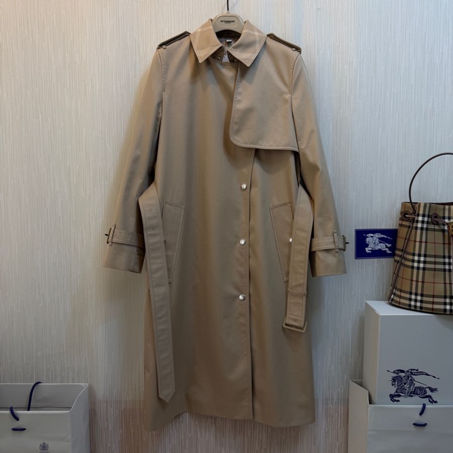 BURBERRY英國柔黃褐色長版格紋領 Gabardine 風衣UK6-3