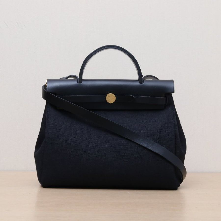HERMES Herbag3189黑色帆布/Hunter牛皮Z刻金扣肩背包-1