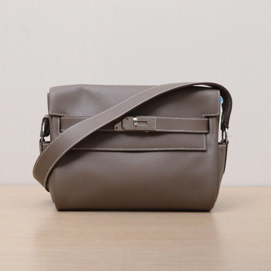 HERMES KellyMessengerPM小號2418大象灰EC皮W刻銀扣肩背包-1