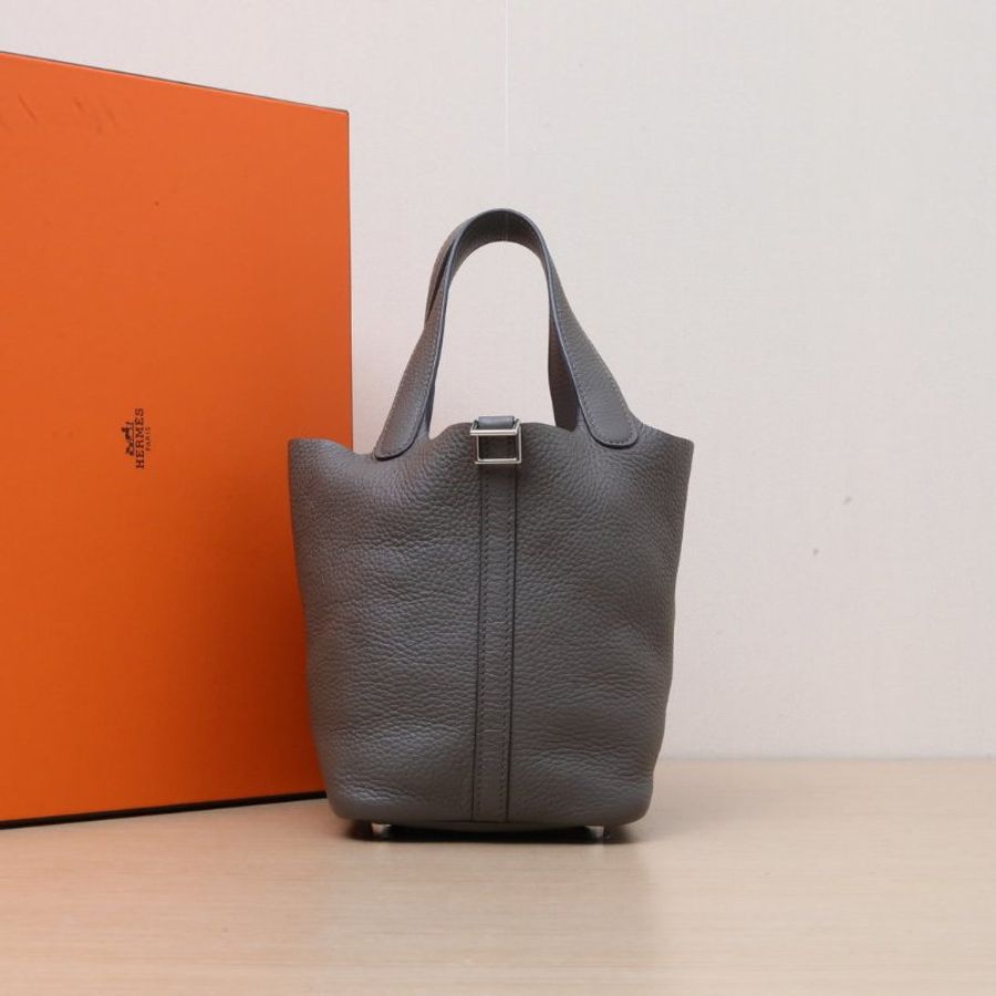 HERMES Picotin菜籃子188F錫器灰TC皮Y刻銀扣肩背包-0