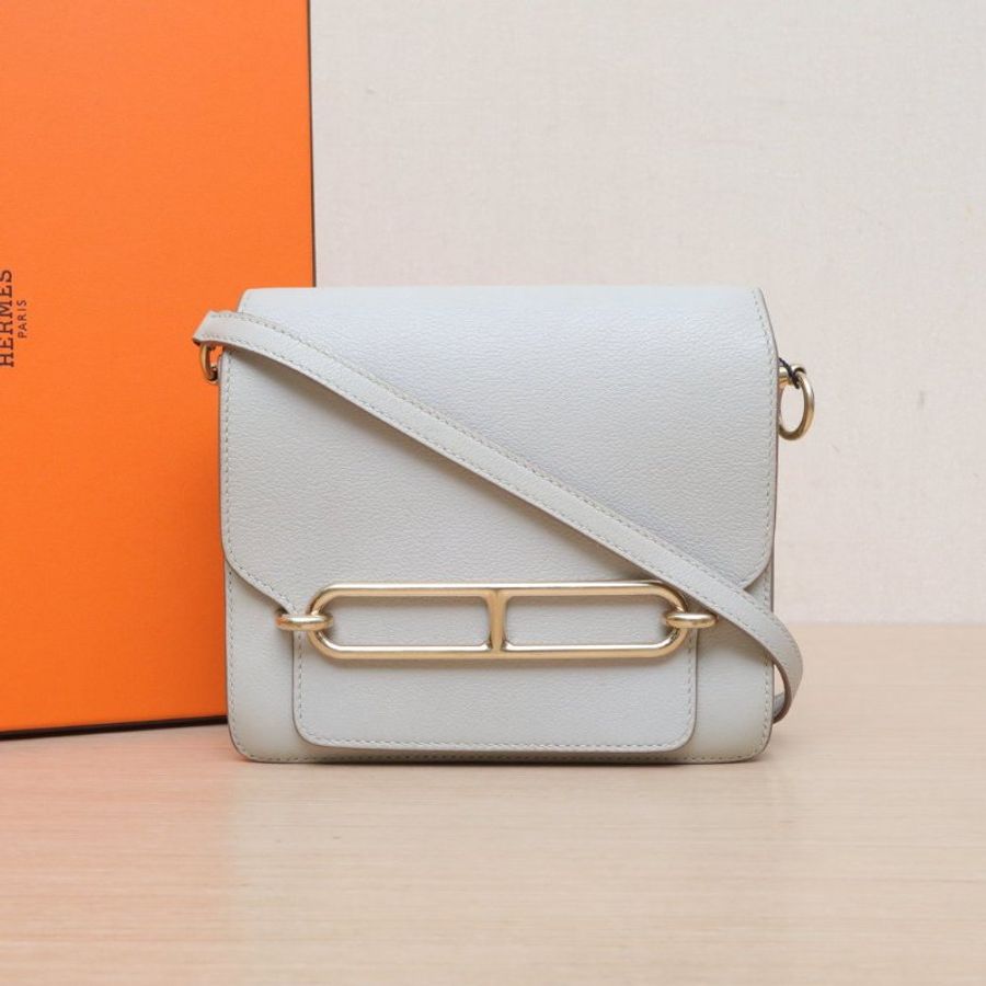 HERMES Roulis豬鼻子1980珍珠灰EC皮C刻金扣肩背包-0