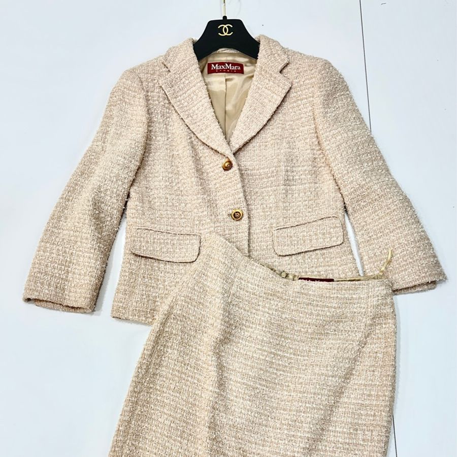 MAXMARA 卡其 毛呢 短大衣 西裝外套 套裝 西外 外套 裙裝 裙子-12