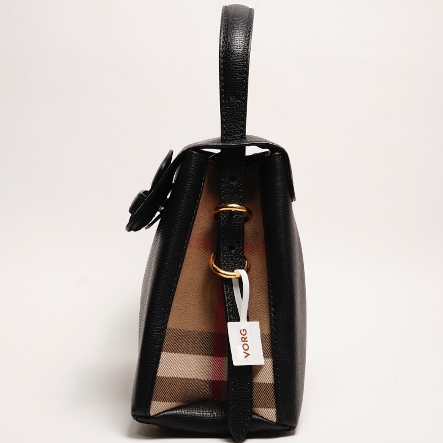 BURBERRY Camberley經典格紋帆布拼色 荔枝皮手提包（黑）-2