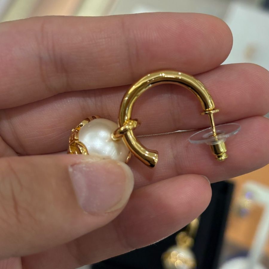 Chanel 23K 圓環金邊珍珠吊墜耳環 全新現貨-8