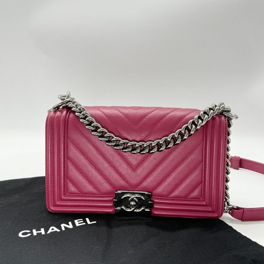 CHANEL 香奈兒 Leboy 經典中型人字紋 紫粉色 小牛皮手袋 斜背包-0