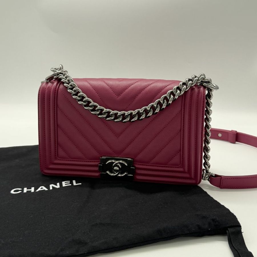 CHANEL 香奈兒 Leboy 經典中型人字紋 紫粉色 小牛皮手袋 斜背包-1