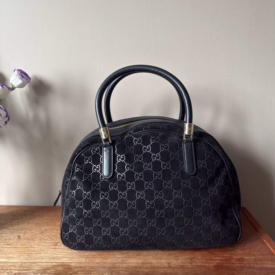 GUCCI 經典黑色麂皮保齡球包/波士頓包-2