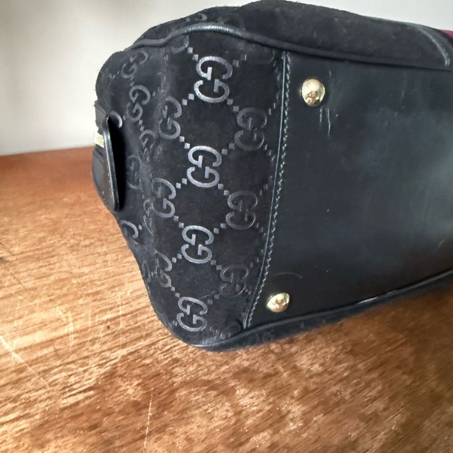 GUCCI 經典黑色麂皮保齡球包/波士頓包-9