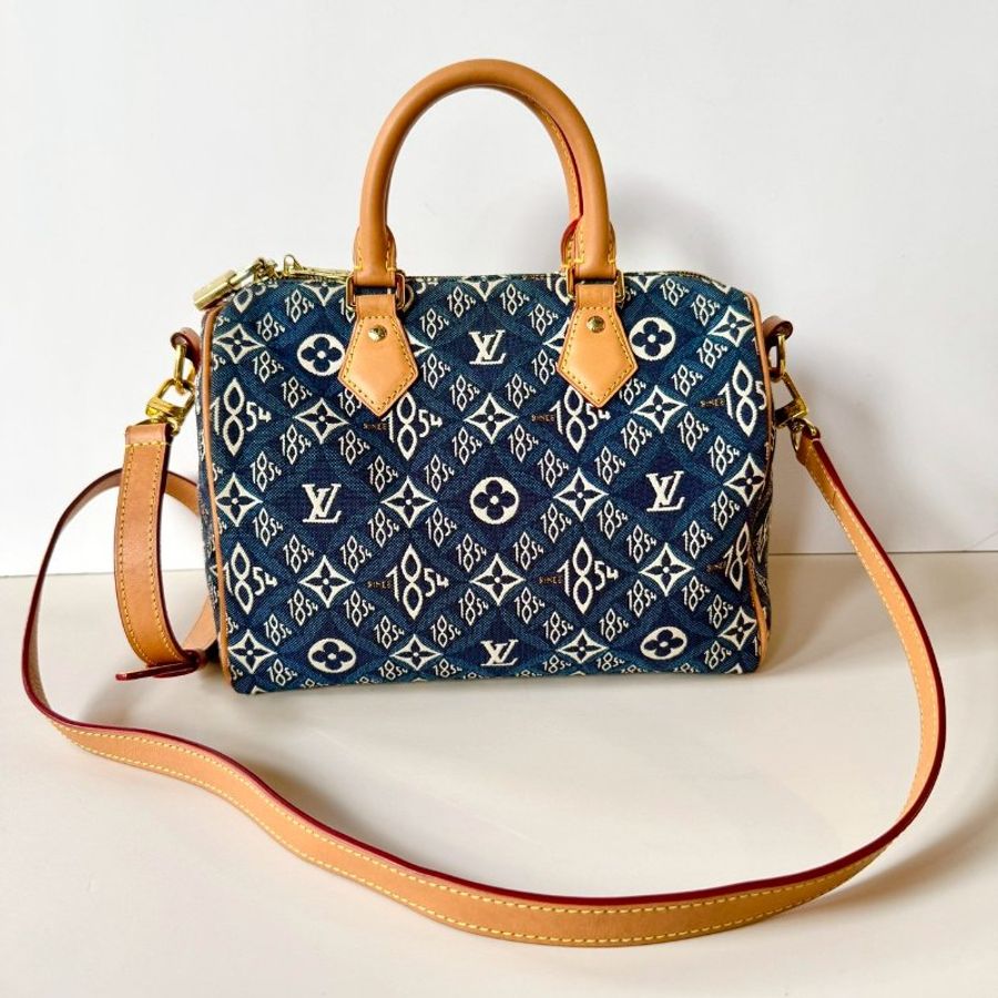LV SPEEDY 25 限量 1854 單寧藍 緹花 手提 斜背 波士頓包 M57400-0